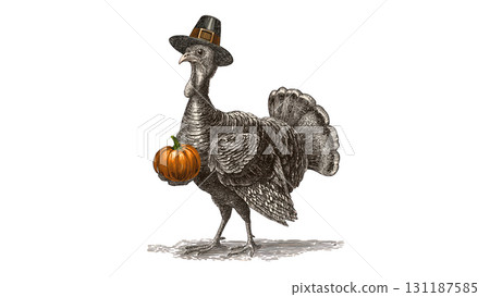Turkey in a hat presents a festive pumpkin, created AI, PNG 131187585