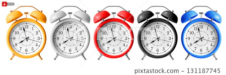 Gold, White, Red, Blue And Black Alarm Clock Front View 131187745