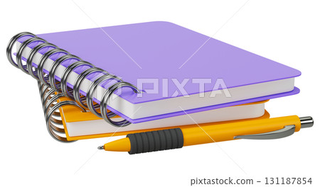 Spiral Notebooks with Yellow Pen 3D Render Spiral Notebooks with Yellow Pen 3D Render 131187854