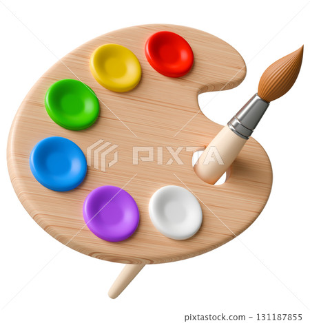 Palette With Colorful Paints And Brush 131187855