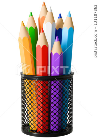 Pencil Holder Full Of Sharpened Crayons 131187862