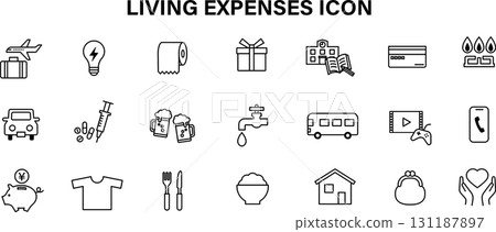 Icons related to living expenses: utility bills, medical expenses, and food expenses line drawings 131187897