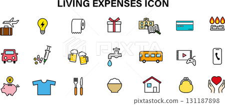 Icons related to living expenses: utilities, medical expenses, food expenses, etc. 131187898