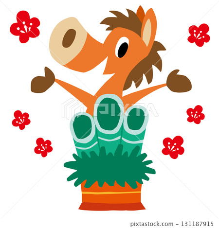 手繪、輕鬆的馬年人物（十二生肖、門松、新年裝飾） 131187915