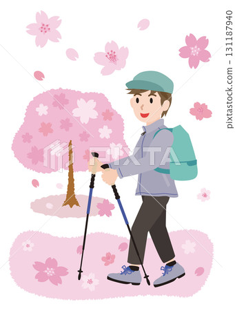 Illustration of a man trekking in spring Illustration of a man trekking in spring 131187940