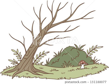Fallen tree, broken branch lies on grassy ground in cartoon style. Dry wood rests near green plants, nature damage scene illustration. Bare twigs show autumn decay. 131188077