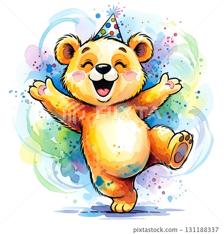 A cheerful, cartoon bear is wearing a festive party hat, dancing joyfully with arms open wide 131188337
