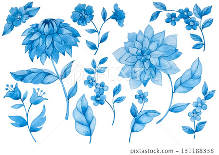 Elegant set with blue flowers and leaves. Watercolor floral print. Elegant set with blue flowers and leaves. Watercolor floral print. 131188338