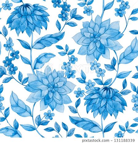 Seamless elegant pattern with blue flowers and leaves. Watercolor floral print. 131188339