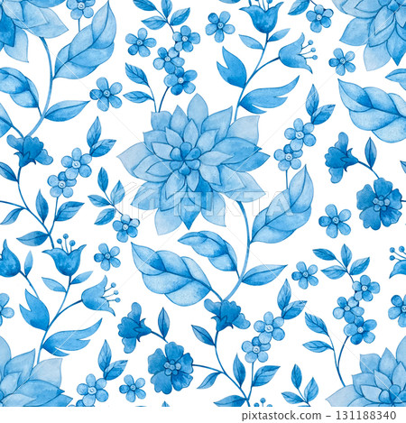 Seamless elegant pattern with blue flowers and leaves. Watercolor floral print. 131188340