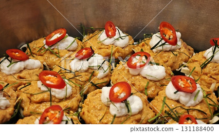 Thai steamed curry fish in banana leaves cup. 131188400