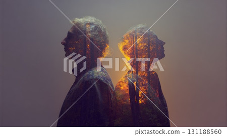 Double Exposure Portrait With Sunset Trees Silhouetted Figures Back-To-Back, Reflective Mood 131188560