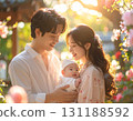 Newlywed couple holding a baby 131188592