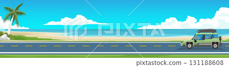 Travel of vehicles high riding family ca with lover. Asphalt road through beautiful beaches. Nature of coconut trees along the beach.Open sea under the white sky and clouds. For banner screen. 131188608