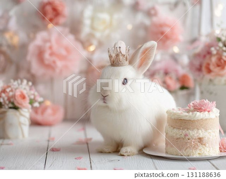 White rabbit wearing a crown and birthday cake 131188636