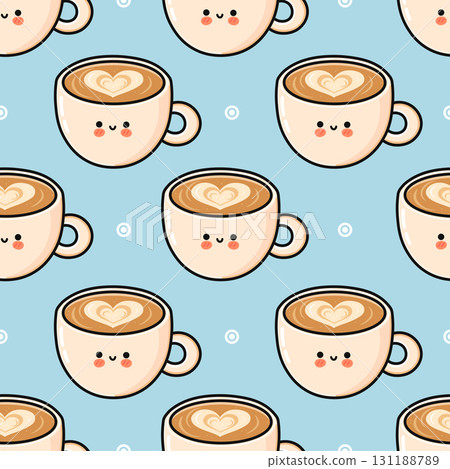 Cute latte coffee cup character seamless pattern Cute latte coffee cup character seamless pattern 131188789