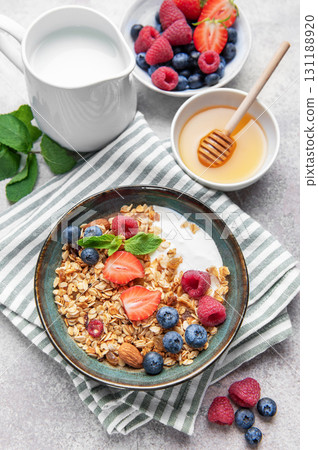 Granola bowl with yogurt, berries, and mint for breakfast Granola bowl with yogurt, berries, and mint for breakfast 131188920