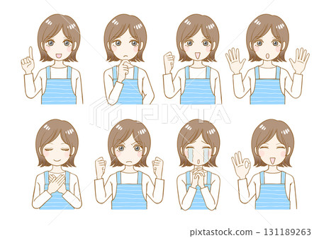 8 facial expressions of a woman in an apron, housewife, bust up 8 facial expressions of a woman in an apron, housewife, bust up 131189263