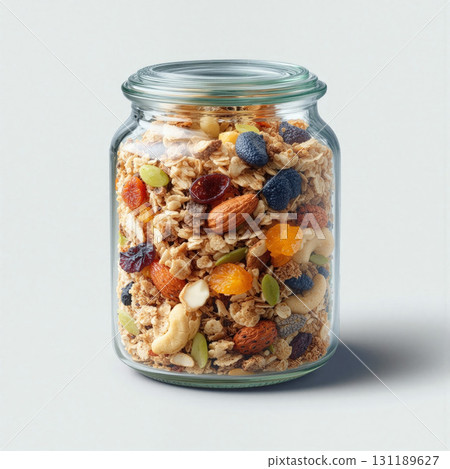 Colorful layers of granola and dried fruits in a transparent glass jar on a clean surface 131189627