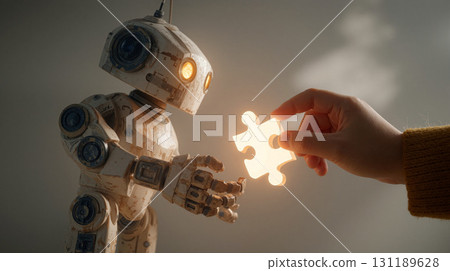 Toy robot interacts with a glowing puzzle piece in a cozy indoor setting during the afternoon 131189628