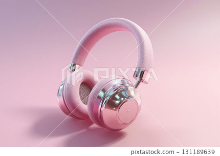 Stylish pink headphones resting on a soft pastel gradient background for a modern audio aesthetic 131189639