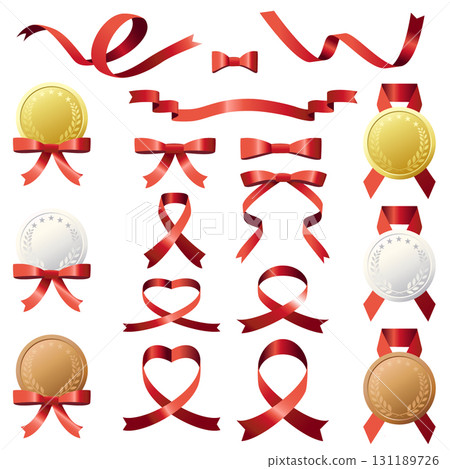 Vector illustration set of medals and red ribbons. Vector illustration set of medals and red ribbons. 131189726