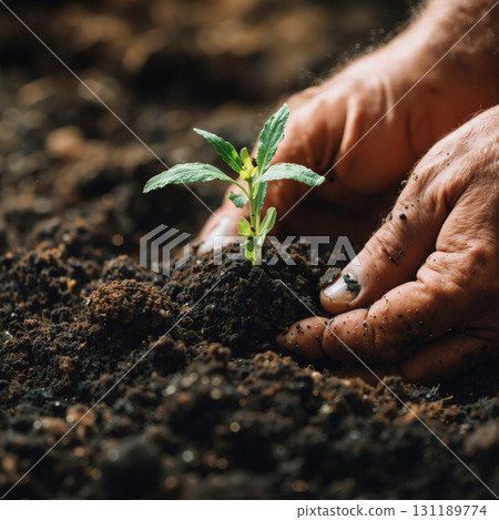 Hands are gently planting a young seedling in rich, dark soil during the warm afternoon light 131189774