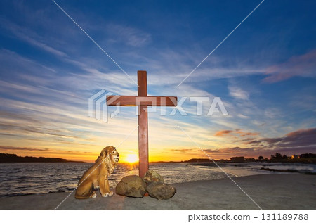 Wooden Christian Cross Sunset And Lion Wooden Christian Cross Sunset And Lion 131189788