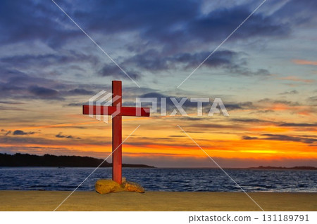 Wooden Christian Cross Sunset Wooden Christian Cross Sunset 131189791