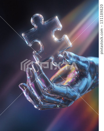 Realistic crystal glass hand holding a delicate flower against a colorful background 131189820