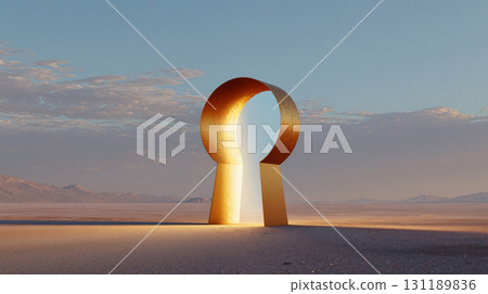 Golden keyhole stands prominently in the middle of a tranquil desert landscape at sunset 131189836