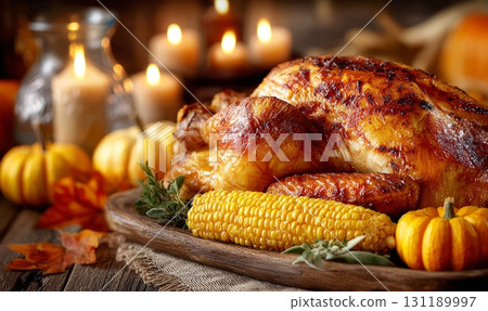 Golden roasted turkey with corn and pumpkins for festive harvest dinner 131189997