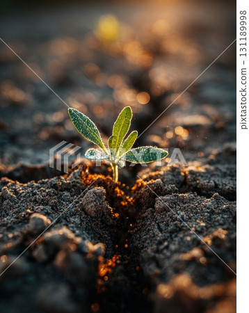 Seedling sprouting from soil under morning sunlight 131189998