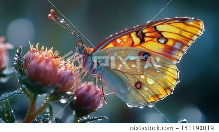 Butterfly with dew on wings feeding on flower Butterfly with dew on wings feeding on flower 131190019