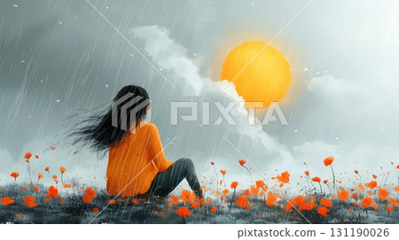 Girl sitting in the rain among flowers gazing at the glowing sun 131190026