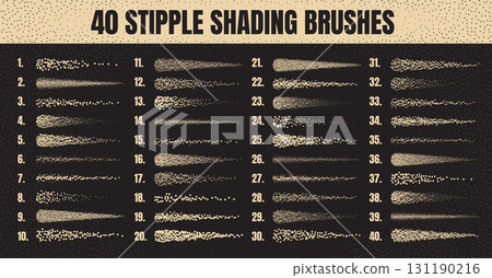 Ink scatter brush, stipple drawing and texturing. Fading gradient. Stippling, dotwork drawing, shading using dots. Halftone disintegration effect. White noise grainy texture. Vector illustration 131190216