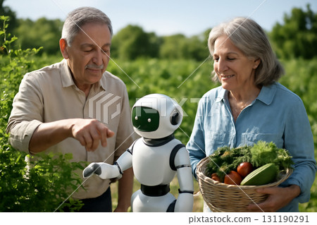 AI generated image of a Latino elderly couple working with a robotic gardening assistant under the sun, trimming bushes and harvesting vegetables in a peaceful backyard garden. AI generated image of a Latino elderly couple working with a robotic gardening assistant under the sun, trimming bushes and harvesting vegetables in a peaceful backyard garden. 131190291