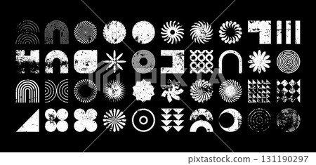 Brutalist geometric shapes, modern grunge symbols. Simple primitive elements and forms, distressed details. Retro design, aged, vintage, trendy contemporary minimalist style, y2k. Vector illustration Brutalist geometric shapes, modern grunge symbols. Simple primitive elements and forms, distressed details. Retro design, aged, vintage, trendy contemporary minimalist style, y2k. Vector illustration 131190297