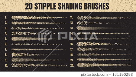 Ink scatter brush, stipple drawing and texturing. Fading gradient. Stippling, dotwork drawing, shading using dots. Halftone disintegration effect. White noise grainy texture. Vector illustration Ink scatter brush, stipple drawing and texturing. Fading gradient. Stippling, dotwork drawing, shading using dots. Halftone disintegration effect. White noise grainy texture. Vector illustration 131190298