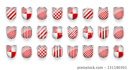 Glossy shields with red and black white. Security and protection concept. Cyber safety icons, internet privacy, web defense, digital data protection and antivirus themes. Vector illustration 131190301