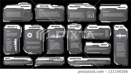 White futuristic HUD, UI elements. Sci-fi user interface text boxes, callouts. Warning message frames, information boxes template. Modern game interface layout in digital style. Vector illustration White futuristic HUD, UI elements. Sci-fi user interface text boxes, callouts. Warning message frames, information boxes template. Modern game interface layout in digital style. Vector illustration 131190306