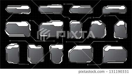White futuristic HUD, UI elements. Sci-fi user interface text boxes, callouts. Warning message frames, information boxes template. Modern game interface layout in digital style. Vector illustration 131190331