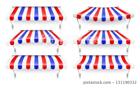 Shop sunshade with metal holder. Realistic striped cafe awning. Outdoor market tent. Roof canopy in French flag colors. Summer street store. Vector illustration 131190332