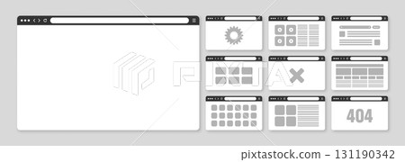 Web browser window, pages layout with toolbar and search field. Modern website, internet page in flat style. Browser mockup for computer, tablet and smartphone. Adaptive UI. Vector illustration Web browser window, pages layout with toolbar and search field. Modern website, internet page in flat style. Browser mockup for computer, tablet and smartphone. Adaptive UI. Vector illustration 131190342
