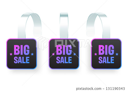 Colorful neon supermarket promotional wobblers. Realistic wobbler template for shelf advertising. Sale or discount label with ad text. Special offer price tag. Vector illustration Colorful neon supermarket promotional wobblers. Realistic wobbler template for shelf advertising. Sale or discount label with ad text. Special offer price tag. Vector illustration 131190343