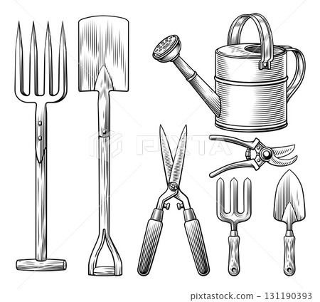 Vintage Woodcut Gardening Tools Set Illustration Vintage Woodcut Gardening Tools Set Illustration 131190393