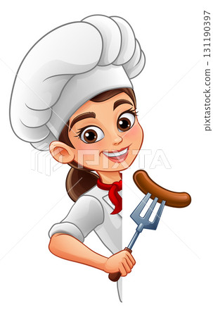 Cartoon Female Chef Peeking With Hotdog Fork 131190397