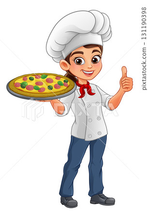 Cartoon Female Chef Serving Pizza Thumbs Up Cartoon Female Chef Serving Pizza Thumbs Up 131190398