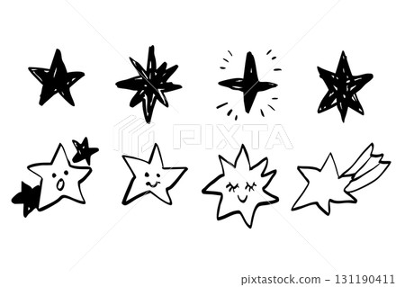 Hand-drawn star icon illustration set, simple, sketchy monochrome design including cute expressions and shooting stars 131190411