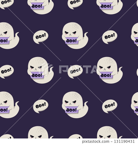 Cute Ghost Holding Boo Sign Seamless Pattern. Halloween Spooky Text Background for Textile, Party Decor, Gift Wrap, Scrapbooking and Festive Design 131190431